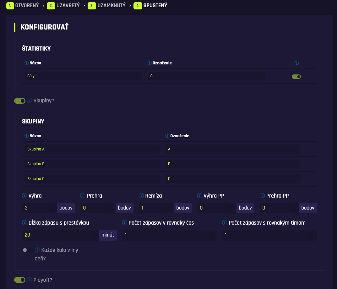 Konfigurácia turnaja a pravidiel – Blyzer